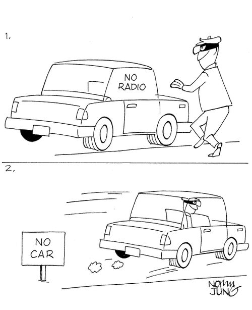 Thief approaches car with 'No Radio' sign. He steals car and leaves 'No Car' sign.