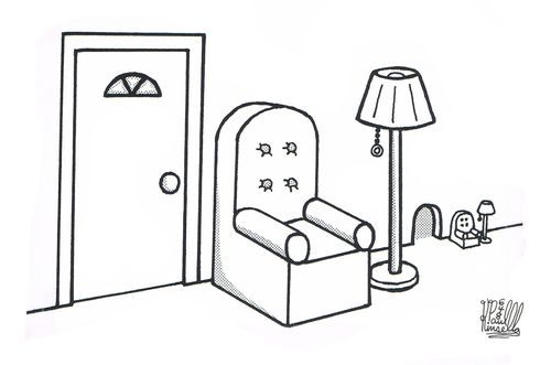 Normal sized door, chair and lamp next to mouse hole and proportional furniture.