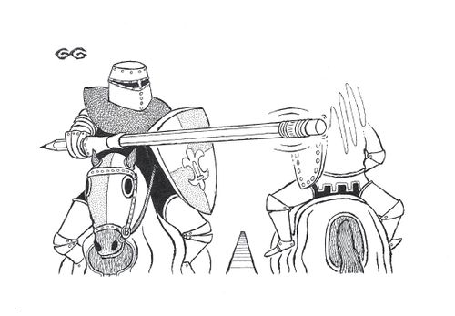 2 knights jousting; one being rubbed out by a pencil eraser lance.