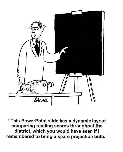 'This Power Point slide has a dynamic layout comparing reading scores throughout the district, which you would have seen if I remembered to bring a spare projection bulb.