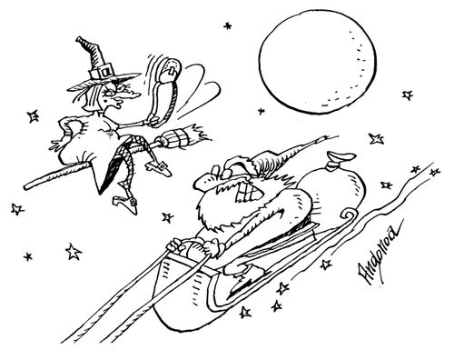 A witch flirting with Santa in the air.
