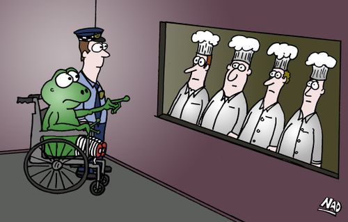 A frog points out the Chef that left him without legs at a police line-up.