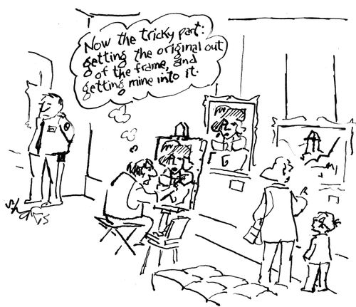 "Now the tricky part: getting the original out of the frame and getting mine into it."