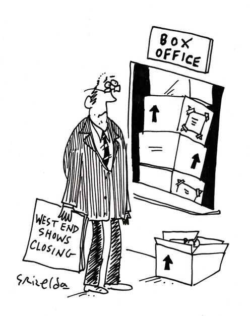 West End Shows closing - box office piled high with boxes.
