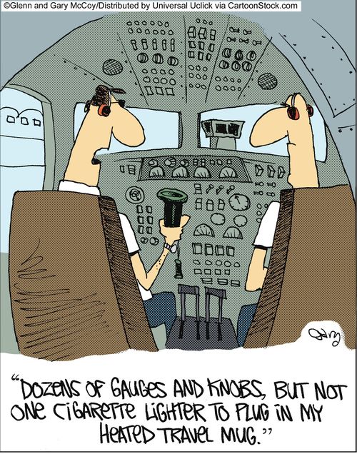 'Dozens of gauges and knobs, but not one cigarette lighter to plug in my heated travel mug.'