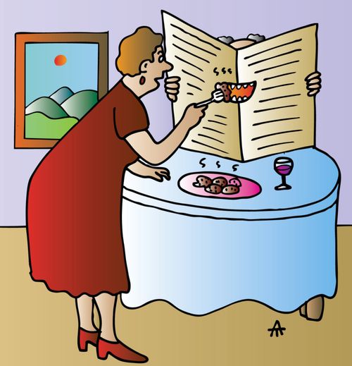 Woman Feeds Her Husband Through the Morning Paper.