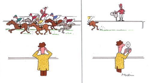 Man posing in a horse race with a hobby horse.