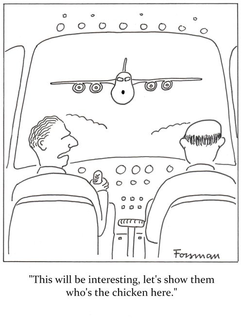 'This will be interesting, let's show them who's the chicken here.'