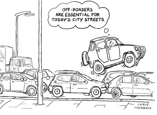 An off-road vehicle driving across the tops of other vehicles (ie, off-road) to avoisd a traffic jam.