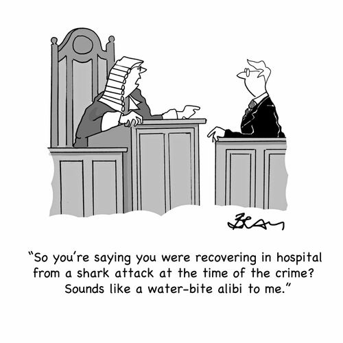 "So you're saying you were recovering in hospital from a shark attack at the time of the crime? Sounds like a water-bite alibi to me."