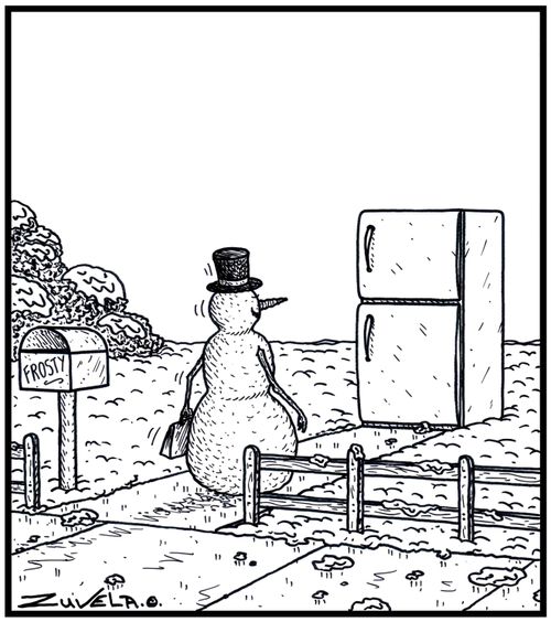 Snowman arriving home to his Refrigerator Home