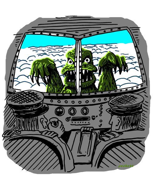 An airplane is about to fly into a monster's mouth