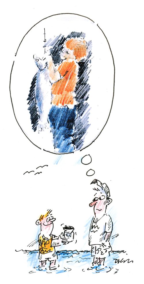 Father imagining son with fish