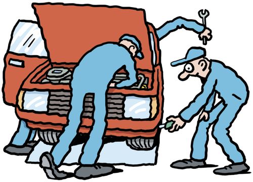 Four mechanics working on a car