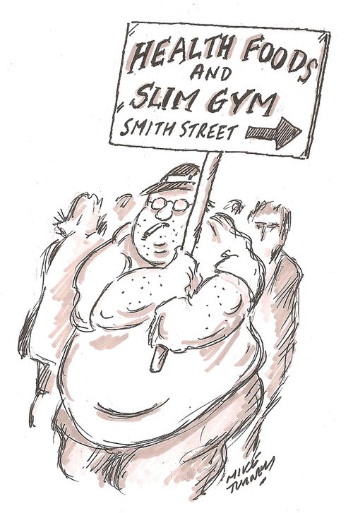 The Obese Sign Holder for Health Foods and Slim Gym.
