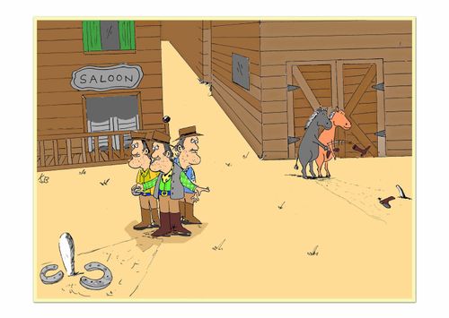 Cowboys pitching horseshoes and horses pitching cowboy boots.