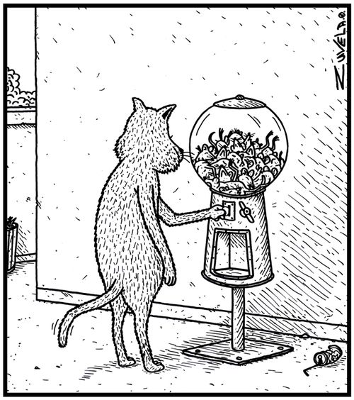 The cat version of a gumball machine filled with mice.
