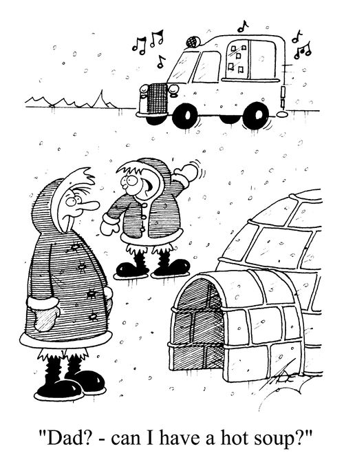 Ice cream van selling hot soup to Inuits