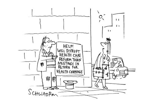 Help! Will dispute health care reform town meetings in return for health coverage.