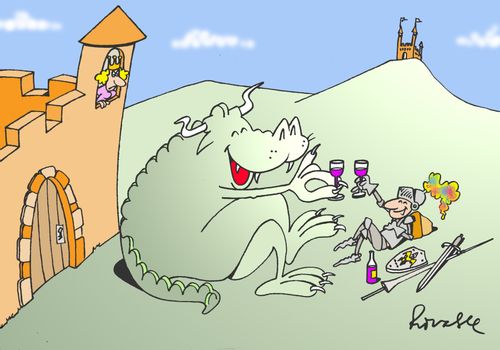 Dragon enjoying a drink with knight.