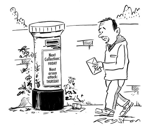 Postbox says 'Next collection: Friday, Next arson attack: Thursday.'