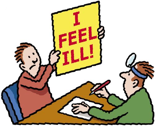 Patient holds up placard to get his feelings across to the doctor.