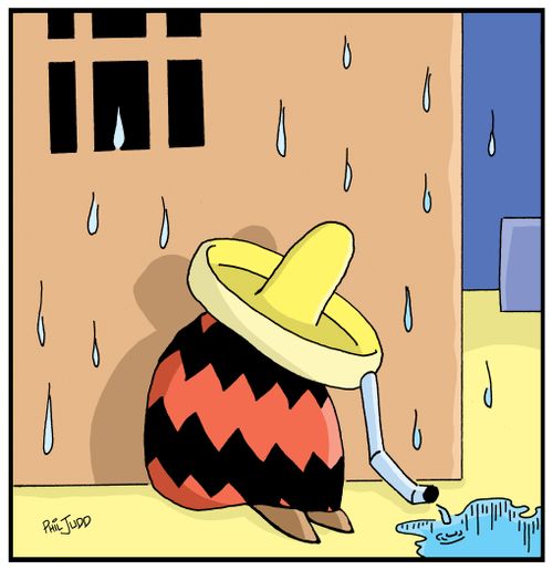 Man with a sombrero in the rain with a drainpipe running out of it.