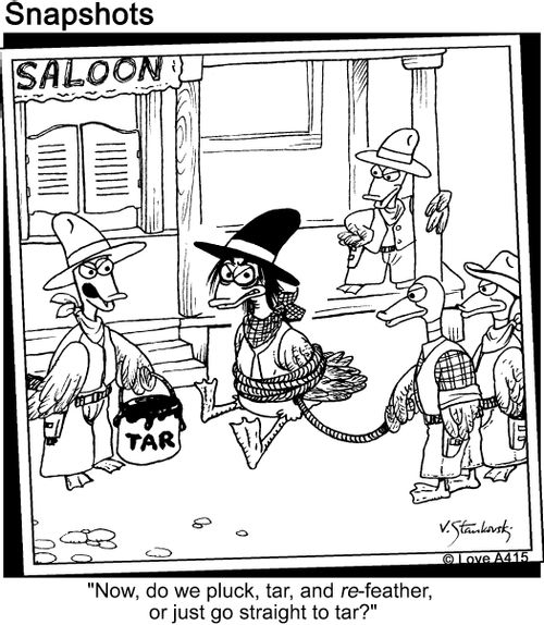 'Now, do we pluck, tar, and re-feather, or just go straight to tar?'