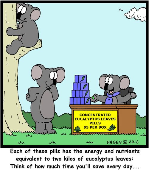"Each of these pills has the energy and nutrients equivalent to two kilos of eucalyptus leaves: Think of how much time you'll save every day..."