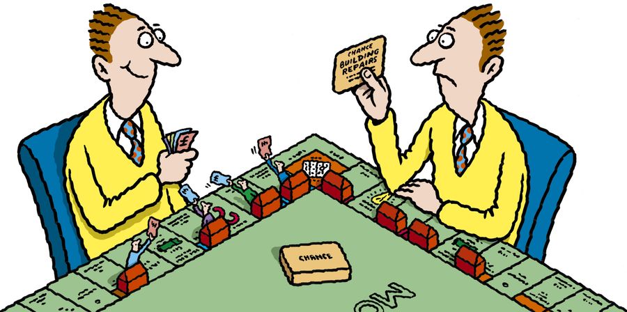 Twin brothers playing Monopoly, one is winning, one losing