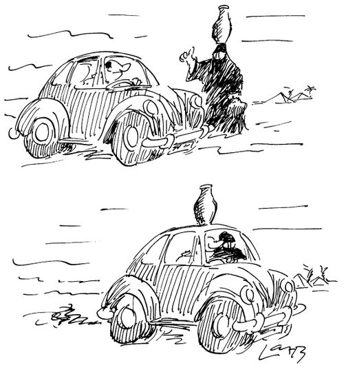 Picking up hitchhiker with pot on her head.