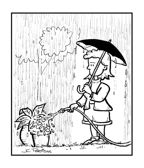 Woman watering her plants in the rain.
