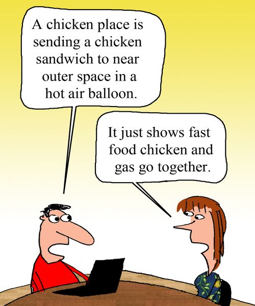 'A chicken place is sending a chicken sandwich to near outer space in a hot air balloon."
