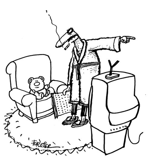 Grumpy man telling a teddy bear whoes watching TV to get out of his chair