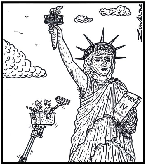 Maintenance worker about to shave the armpit of the Statue of Liberty.