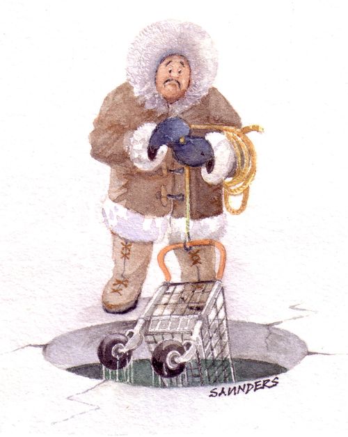 Eskimo catches a trolley whilst ice fishing.