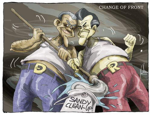 Change of Front - Mitt and Barack Sandy Clean-Up.