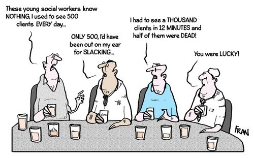 'These young social workers now nothing, I used to see 5000 clients every day...'