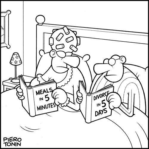 Wife is reading a book intitled 'Meals in 5 minutes', husband is reading a book  about 'Divorce in 5 days'.