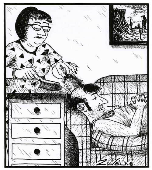 Woman sweeping dust under a man's hairpiece.