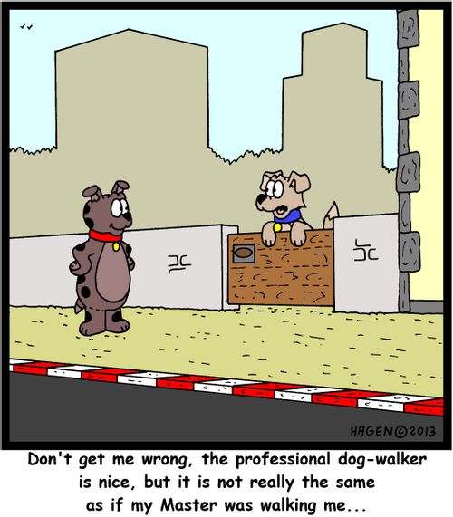 'Don't get me wrong, the professional dog-walker is nice, but it is not really the same as if my Master was walking me...'