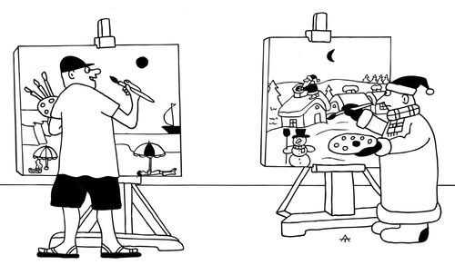 Two artists are dressed to match the climate in their artwork.
