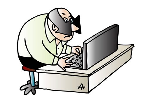A man with blinders on focusing on his computer.