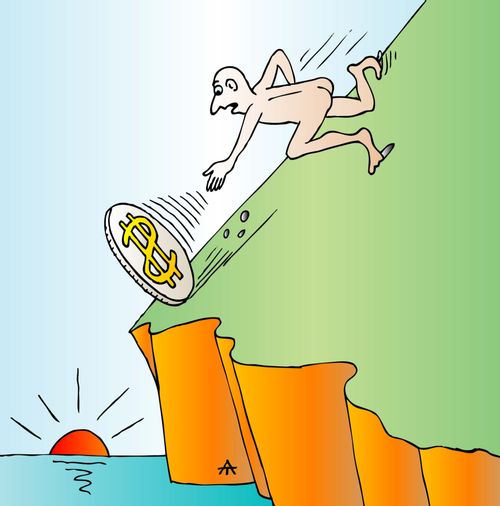 Man chasing a dollar off a cliff