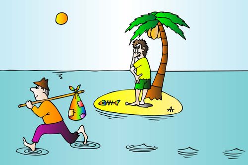 Man on a desert island realizes that the water around him is shallow.