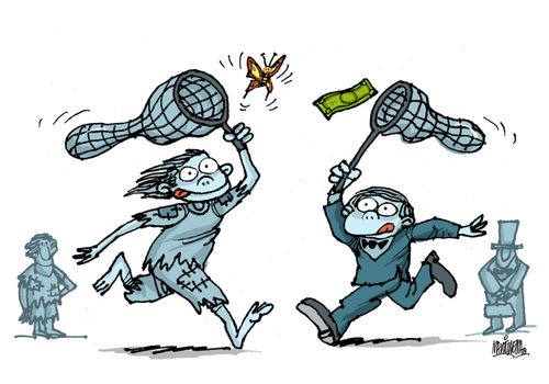 Rich kid catching money whilst a poor kid catches butterfly.