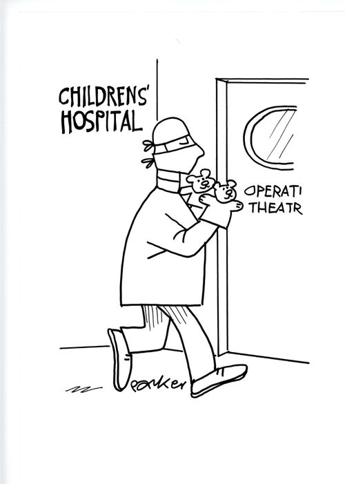 Surgeon going into operating theatre with glove puppets.