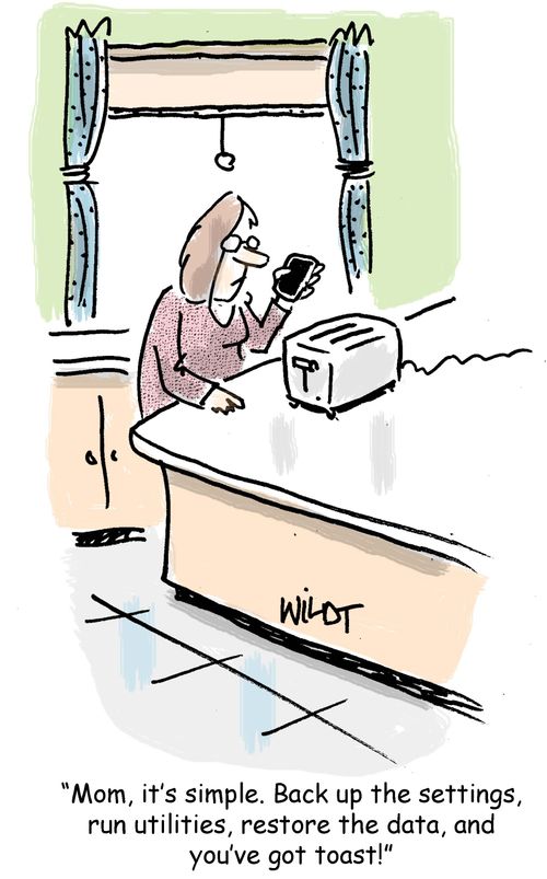 "Mom, it's simple. Back up the settings, run utilities, restore the data, and you've got toast!"