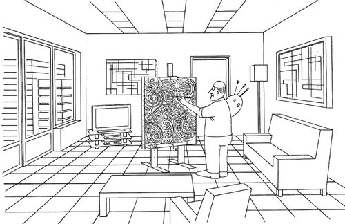 Artist In Modernist Home Painting Psychadellic Picture.