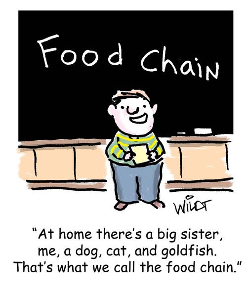 "At home there's a big sister, me, a dog, cat, and goldfish. That's what we call the food chain."